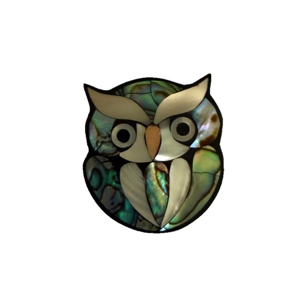 Lee Sands Jewelry - Vintage Lee Sands Owl Brooch Abalone Mother of Pearl Shell Mosaic Inlay Pin